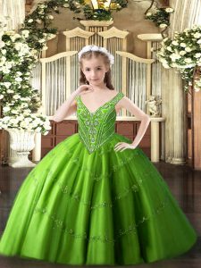 Inexpensive Sleeveless Floor Length Beading and Appliques Lace Up Little Girl Pageant Gowns with Green