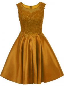 Modern Brown A-line Lace Dama Dress for Quinceanera Zipper Satin Sleeveless Mini Length