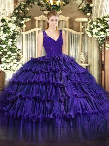 Designer Ball Gowns Quinceanera Dress Purple V-neck Organza Sleeveless Floor Length Zipper