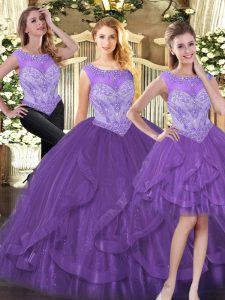 High End Purple Sleeveless Floor Length Beading and Ruffles Zipper Quinceanera Dresses