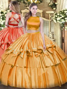 High Class Orange High-neck Neckline Ruffled Layers 15th Birthday Dress Sleeveless Criss Cross