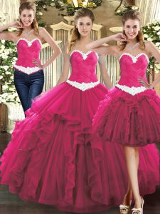 Fuchsia Lace Up Sweetheart Ruffles 15th Birthday Dress Tulle Sleeveless