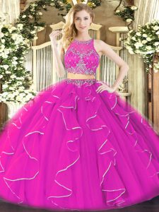 Fuchsia Ball Gowns Scoop Sleeveless Organza Floor Length Zipper Ruffles Quinceanera Gowns