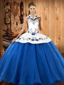 Blue And White Halter Top Neckline Embroidery Vestidos de Quinceanera Sleeveless Lace Up