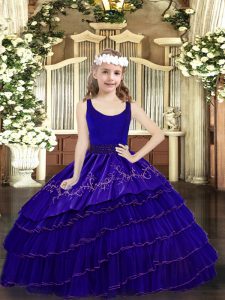 Latest Floor Length Blue Pageant Dress Womens Organza Sleeveless Beading and Embroidery and Ruffled Layers