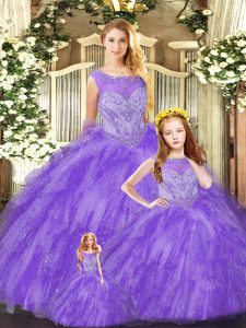 Amazing Organza Scoop Sleeveless Lace Up Beading and Ruffles 15 Quinceanera Dress in Eggplant Purple