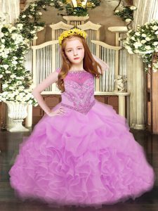 Lilac Ball Gowns Scoop Sleeveless Organza Floor Length Zipper Beading and Ruffles and Pick Ups Little Girl Pageant Dress