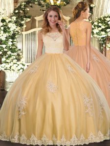 Scoop Sleeveless Quinceanera Dresses Floor Length Lace and Appliques Gold Tulle