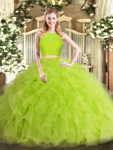 High Class Floor Length Yellow Green Quince Ball Gowns Scoop Sleeveless Zipper