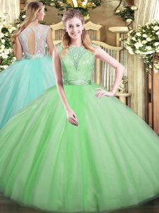 Top Selling Sleeveless Tulle Floor Length Backless Sweet 16 Quinceanera Dress in Apple Green with Lace