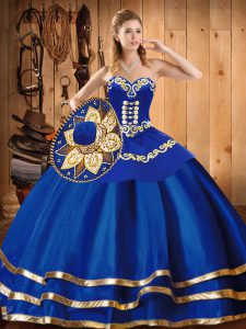 Low Price Blue Satin and Tulle Lace Up Sweetheart Sleeveless Floor Length Quinceanera Gowns Embroidery