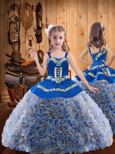 Multi-color Fabric With Rolling Flowers Lace Up Straps Sleeveless Floor Length Pageant Gowns For Girls Embroidery and Ruffles