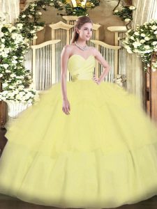 Customized Light Yellow Organza Lace Up Sweetheart Sleeveless Floor Length Quinceanera Gown Beading and Ruffled Layers