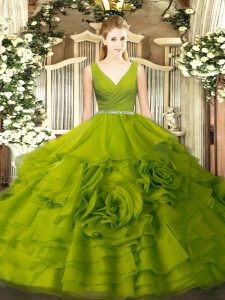 Flirting Floor Length Olive Green 15th Birthday Dress V-neck Sleeveless Zipper