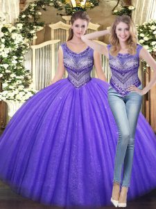 Classical Lavender Lace Up Scoop Beading Quinceanera Gown Tulle Sleeveless
