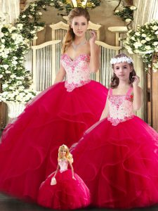 Red Quinceanera Gowns Military Ball and Sweet 16 and Quinceanera with Beading and Ruffles Sweetheart Sleeveless Lace Up