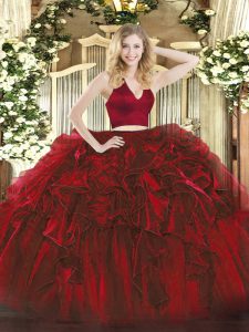 Custom Design Wine Red Two Pieces Ruffles Quinceanera Gowns Zipper Organza Sleeveless Floor Length