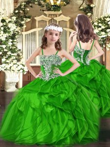 Green Ball Gowns Organza Straps Sleeveless Appliques and Ruffles Floor Length Lace Up Child Pageant Dress