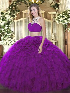 Tulle Sleeveless Floor Length Ball Gown Prom Dress and Beading and Ruffles