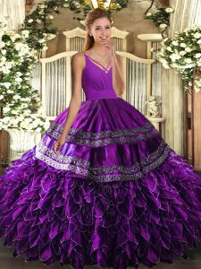 Custom Design Eggplant Purple Organza Lace Up Quinceanera Dresses Sleeveless Floor Length Beading and Appliques and Ruffles