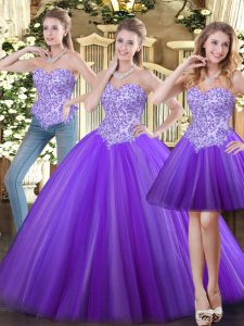 Eye-catching Floor Length Eggplant Purple Quinceanera Dress Tulle Sleeveless Beading