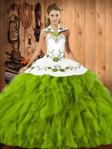 Spectacular Satin and Organza Sleeveless Floor Length 15 Quinceanera Dress and Embroidery and Ruffles
