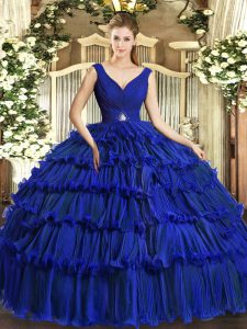 Royal Blue V-neck Neckline Beading and Ruffled Layers Quinceanera Gowns Sleeveless Backless