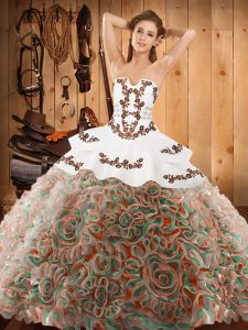 Glamorous With Train Multi-color Ball Gown Prom Dress Satin and Fabric With Rolling Flowers Sweep Train Sleeveless Embroidery