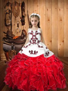 Excellent Ball Gowns Kids Pageant Dress Red Straps Organza Sleeveless Floor Length Lace Up
