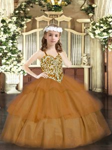 Brown Sleeveless Floor Length Beading and Ruffled Layers Lace Up Child Pageant Dress