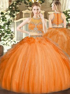 Custom Designed Orange Zipper Scoop Beading Quinceanera Dresses Tulle Sleeveless