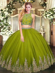 Fantastic Olive Green Sleeveless Beading and Appliques Floor Length Quinceanera Gowns