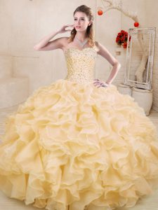 Floor Length Gold 15th Birthday Dress Sweetheart Sleeveless Lace Up
