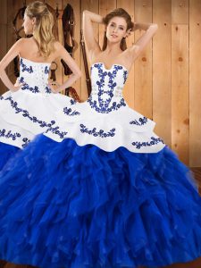 Floor Length Royal Blue Quince Ball Gowns Strapless Sleeveless Lace Up