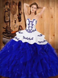 Blue And White Ball Gowns Embroidery and Ruffles Sweet 16 Dress Lace Up Satin and Organza Sleeveless Floor Length