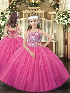 Straps Sleeveless Lace Up Little Girl Pageant Gowns Hot Pink Tulle