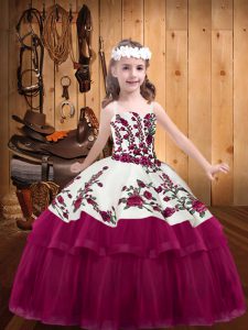 Fuchsia Sleeveless Floor Length Embroidery Lace Up Little Girls Pageant Dress Wholesale