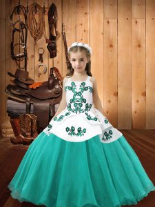 Simple Floor Length Lace Up Custom Made Pageant Dress Aqua Blue for Sweet 16 and Quinceanera with Embroidery