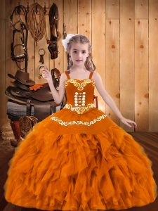 Orange Pageant Dress Wholesale Party and Sweet 16 and Quinceanera and Wedding Party with Embroidery and Ruffles Straps Sleeveless Lace Up