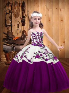 Eggplant Purple Ball Gowns Embroidery Pageant Dress for Teens Lace Up Tulle Sleeveless Floor Length