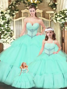 Noble Aqua Blue Sleeveless Beading and Ruching Floor Length Vestidos de Quinceanera