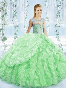 Fancy Lace Up Quinceanera Dress Apple Green for Sweet 16 and Quinceanera with Beading and Ruching Brush Train