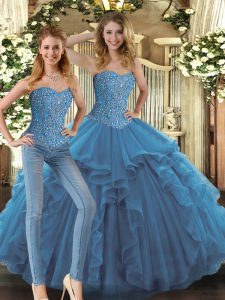 Inexpensive Teal Lace Up Sweet 16 Dresses Beading and Ruffles Sleeveless Floor Length