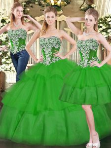 Fantastic Green Two Pieces Beading and Ruffled Layers Quinceanera Gown Lace Up Organza Sleeveless Floor Length