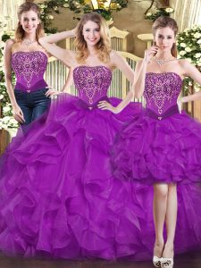 Super Purple Quinceanera Gown Military Ball and Sweet 16 and Quinceanera with Beading and Ruffles Sweetheart Sleeveless Lace Up