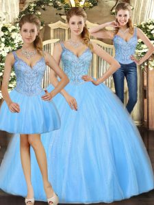 Floor Length Three Pieces Sleeveless Baby Blue Quinceanera Gown Lace Up