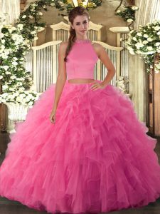 Eye-catching Halter Top Sleeveless Quinceanera Gown Floor Length Beading and Ruffles Hot Pink Tulle