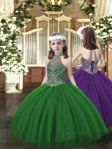 Elegant Dark Green Tulle Lace Up Halter Top Sleeveless Floor Length Little Girl Pageant Dress Beading