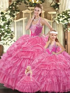 Straps Sleeveless Quince Ball Gowns Floor Length Ruffles and Pick Ups Red Tulle