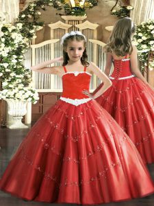 Sleeveless Floor Length Appliques Lace Up Little Girls Pageant Gowns with Red